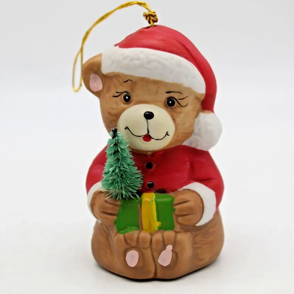 Holly Bells Porcelain Teddy Bear Bell Ornament Vintage 1986 Original Box a